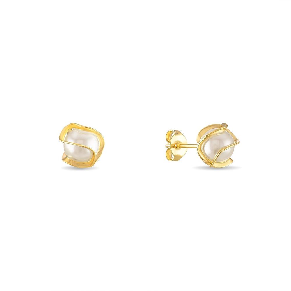 Pearl Stud Earrings 6MM Caged Gold Plated - Picture 2 of 6